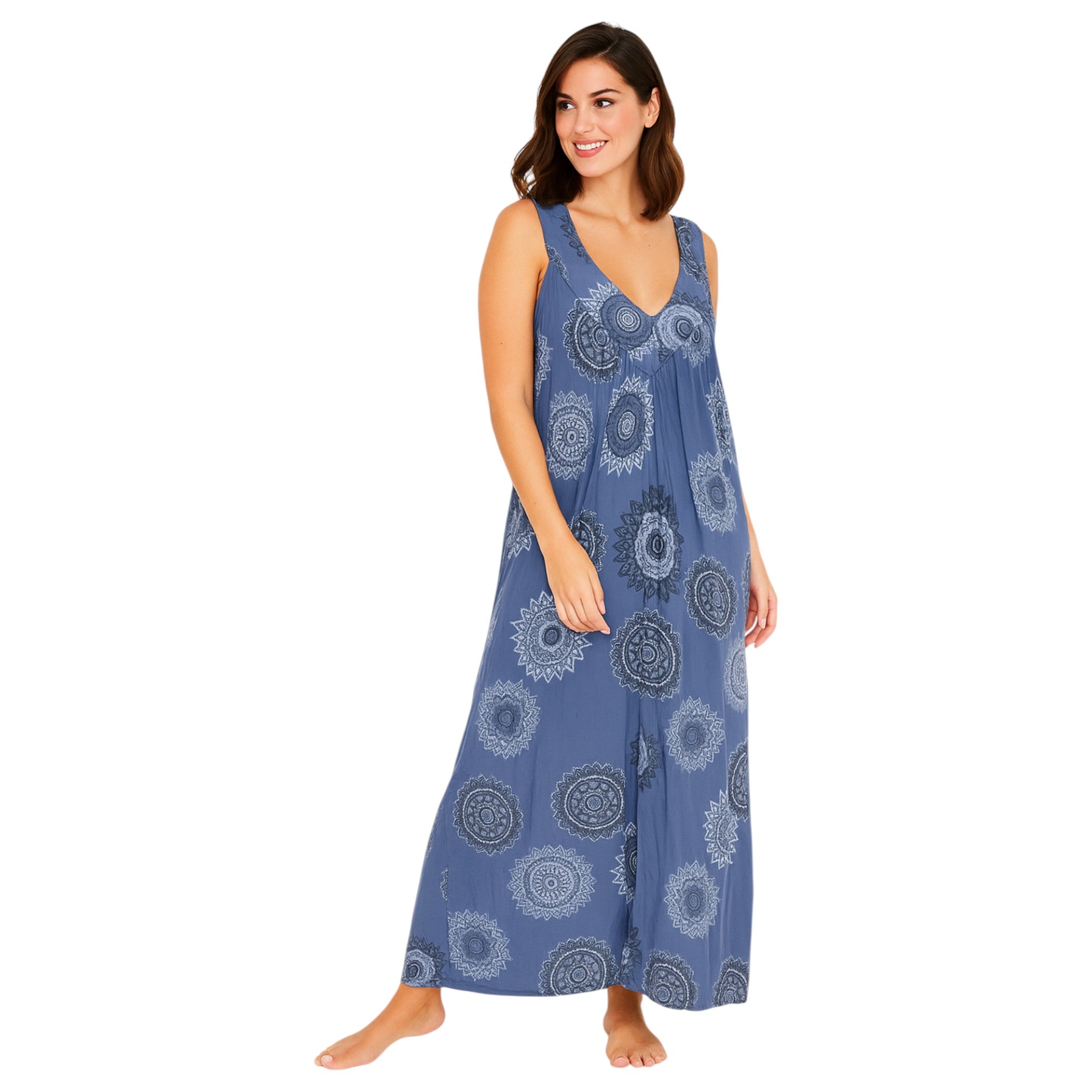 Women's sleeveless denim blue boho summer midi dress with paisley print – lightweight and flowy beach holiday dress
